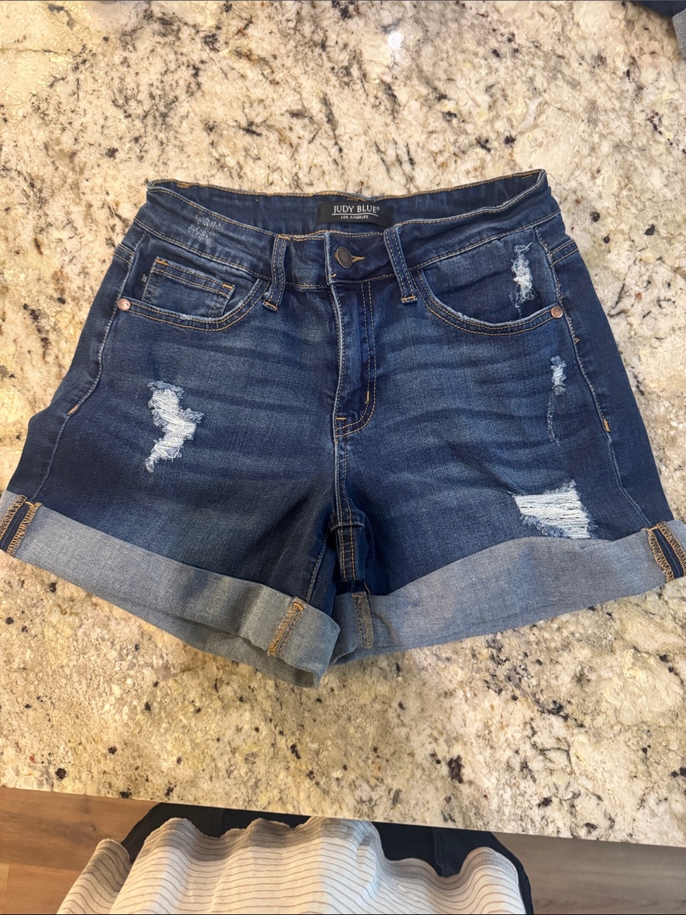 Judy Blue Dark Indigo Distressed Rolled Hem Denim Shorts
